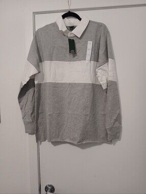 wild fable Grey and White Long-Sleeve Rugby Polo
